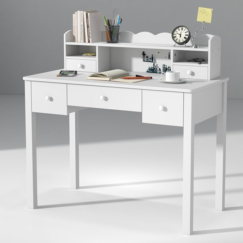 Integrated Hutch Writing Desk with Five Drawers for Home Office