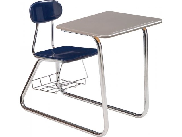 Integrated School Desk and Chair Navy Blue Sled Base with Wood Toned Top