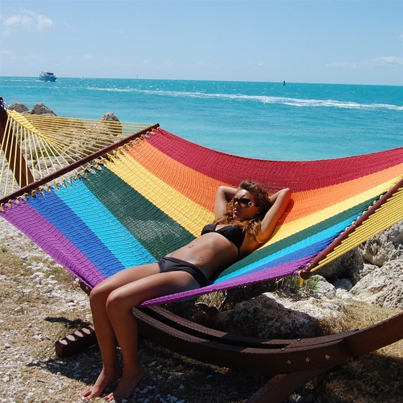Jumbo Woven Rope Hammock with Light Wood Spreader Bars for Patio