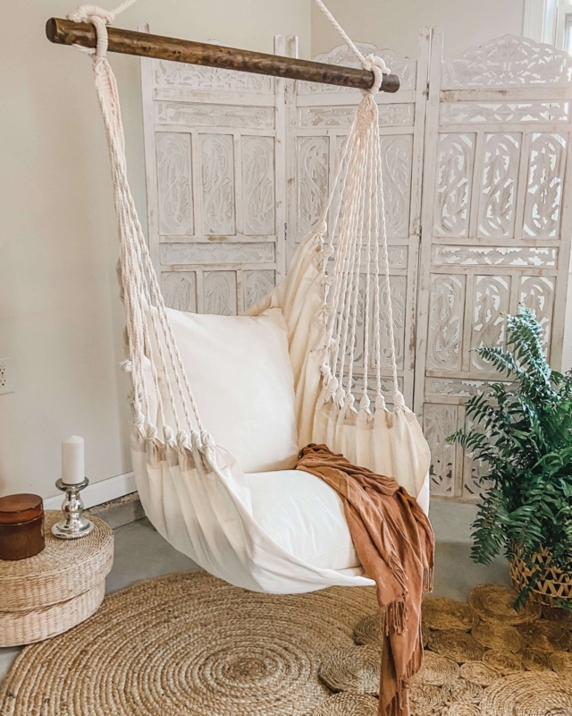 Junior Size Macrame Hammock Chair in Off-White with Fringe Detail