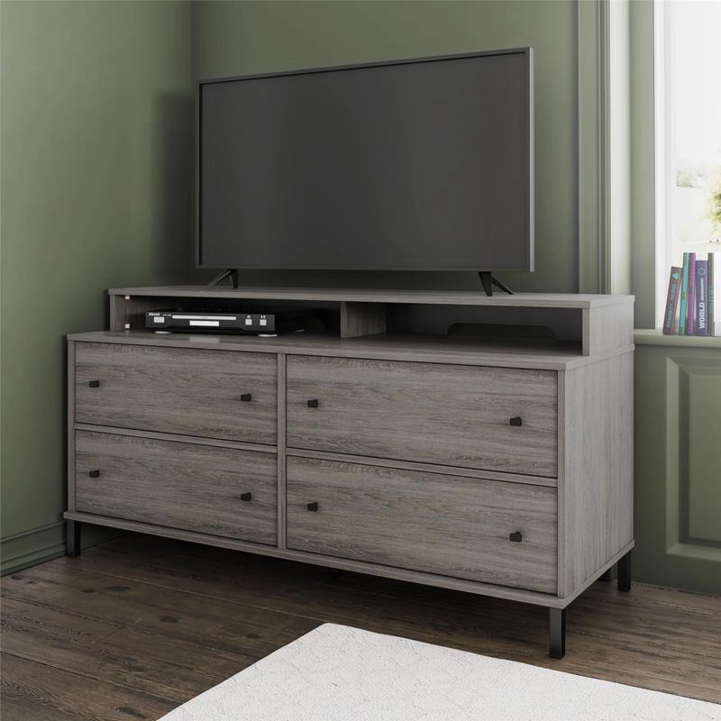 modern media dresser IdealHouse Modern 9 Drawer Dresser TV Stand with Adjustable Mount for 32 to 85 inch TVs Spacious Storage Drawers Sturdy MDF Media Console Bedroom or Living Room White in the TV Stands