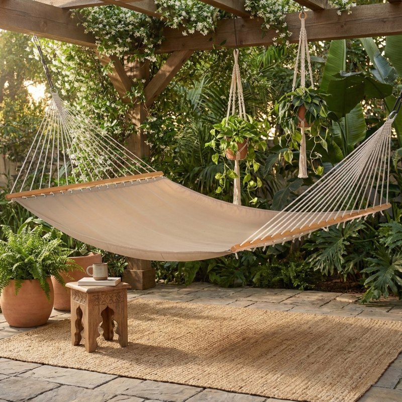 Khaki Woven Fabric Hammock with Wooden Spreader Bars