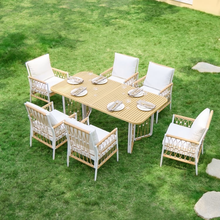Khaki Woven Rope Dining Set White Cushions Poolside Design