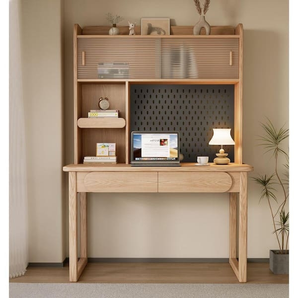 Kids Desk Integrated Hutch Pegboard Back Slatted Doors Scandinavian