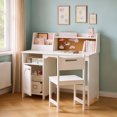 Kids Desk Set Ergonomic White Blue with Adjustable Height Chair