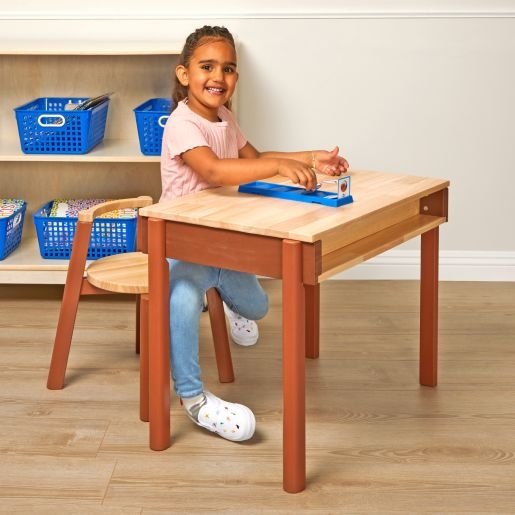 Kids Desk Set Nesting Bench Integrated Storage Shelf Natural Wood