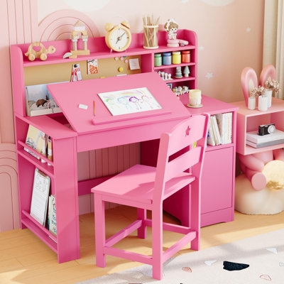 Kids Desk Tilting Top with Integrated Hutch Storage Cabinet