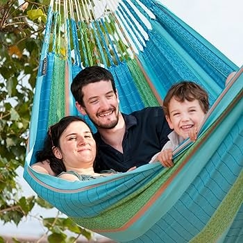 King Size Fabric Hammock Blue Green Stripes Tree Mount Straps Garden