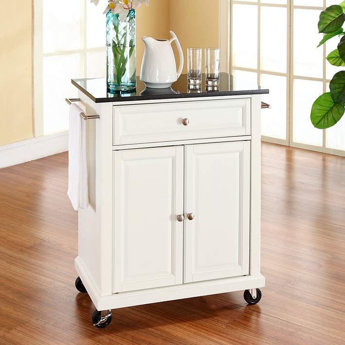 Kitchen Cart with Dark Stone Countertop and Side Towel Rack