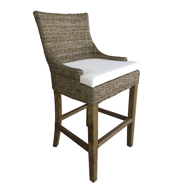 Kubu Grey Woven Rattan Bar Stool High Back Industrial Metal Frame