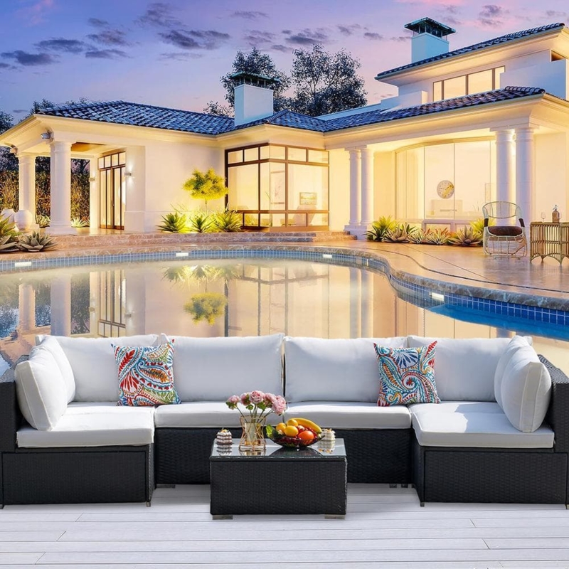 L-Shaped 7-Piece Outdoor Sectional Set with Espresso Wicker