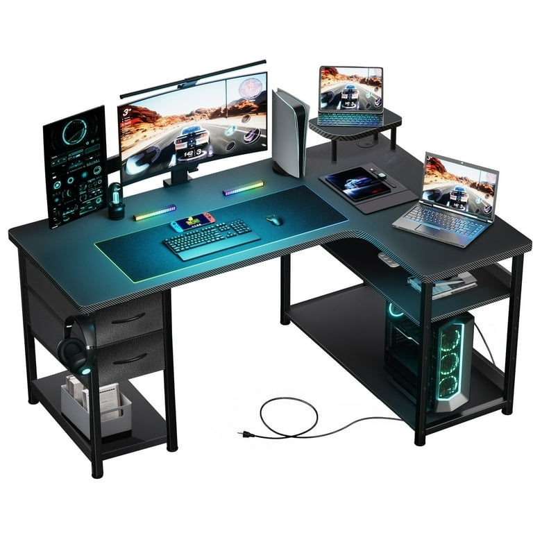 L-Shaped Carbon Fiber Gaming Desk with Riser and Red Trim