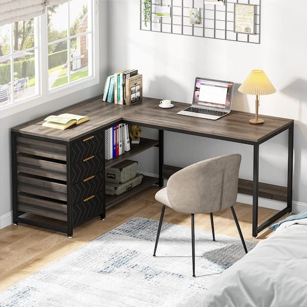 L-Shaped Computer Desk Four Drawers Open Shelving Industrial Corner Desk