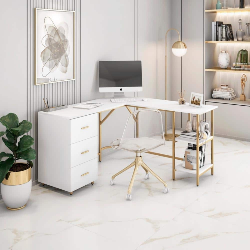 L-Shaped Computer Desk with Gold Frame and Integrated Storage
