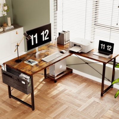 L-Shaped Computer Desk with Integrated Monitor Stand & X-Brace