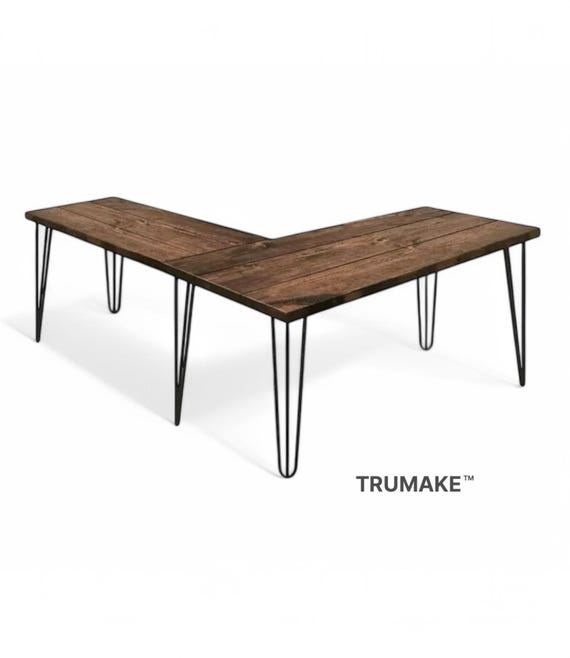 L-Shaped Corner Desk, Rustic Plank Top, Black Hairpin Legs
