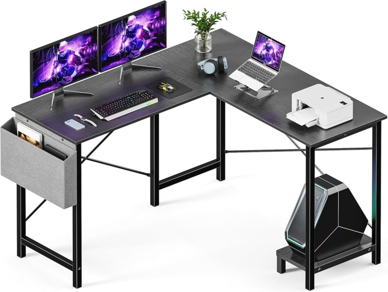 L-Shaped Corner Desk with Monitor Riser & Side Storage Pocket