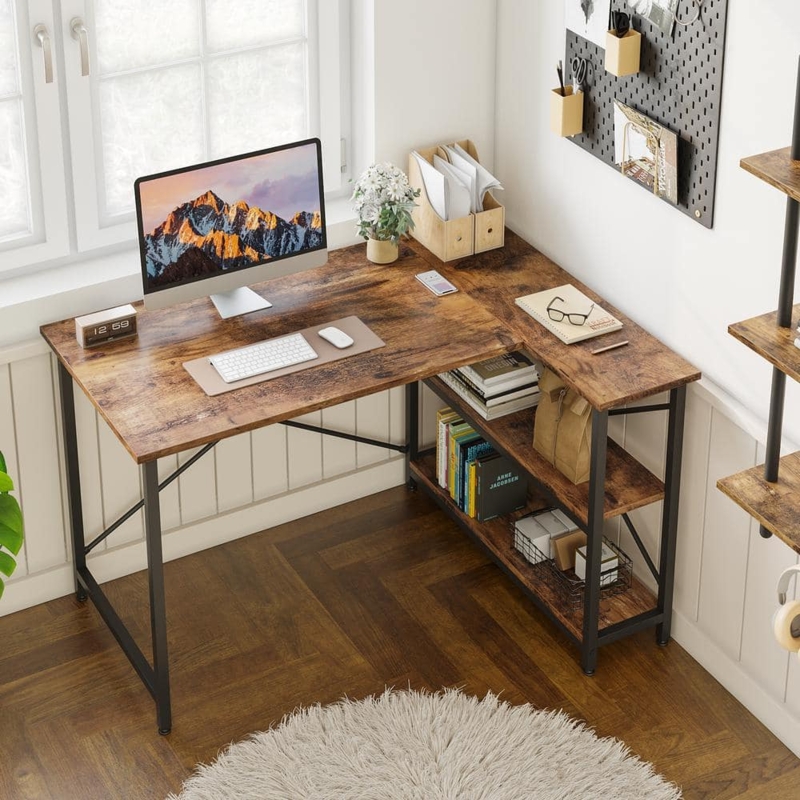 L-Shaped Design Desk with Integrated Shelving and Mesh Panels