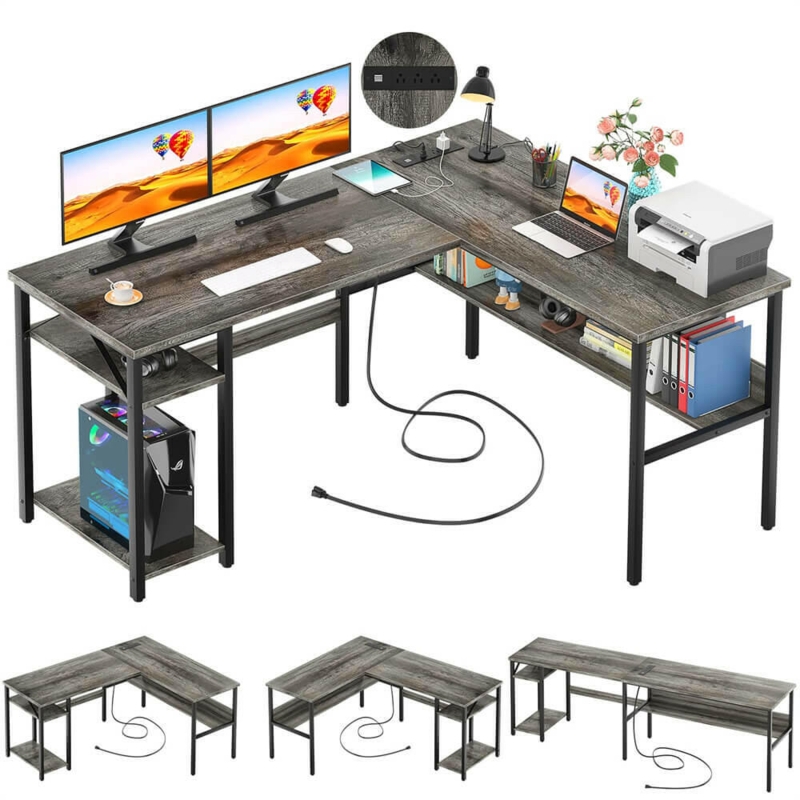 L-Shaped Desk Black Integrated Shelving Power Outlets Workstation