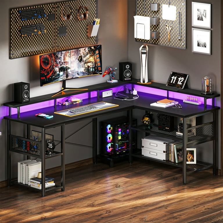 L-Shaped Desk Black Metal Monitor Stand Headphone Hook Gaming Setup