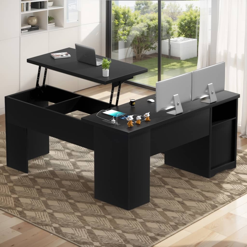 L-shaped Desk Charcoal Finish Lift Top Integrated Outlets Farmhouse