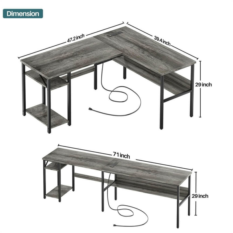 L-Shaped Desk Charcoal Wood Industrial Metal Frame Built-In Outlets