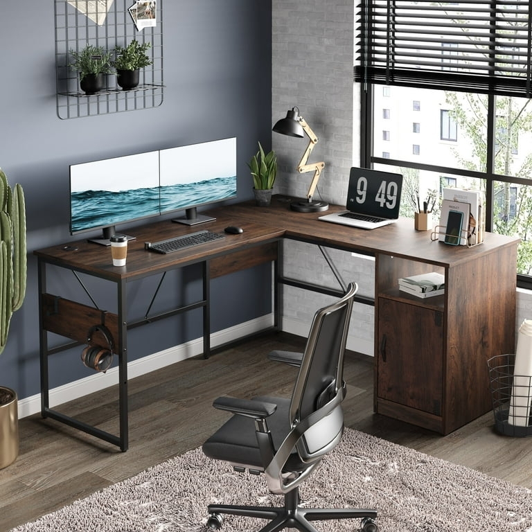 L-Shaped Desk Cherry Finish Integrated Storage Cabinet Industrial