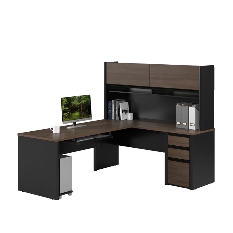 L-Shaped Desk Contemporary Cherry Two-Tone Hutch Frosted Glass