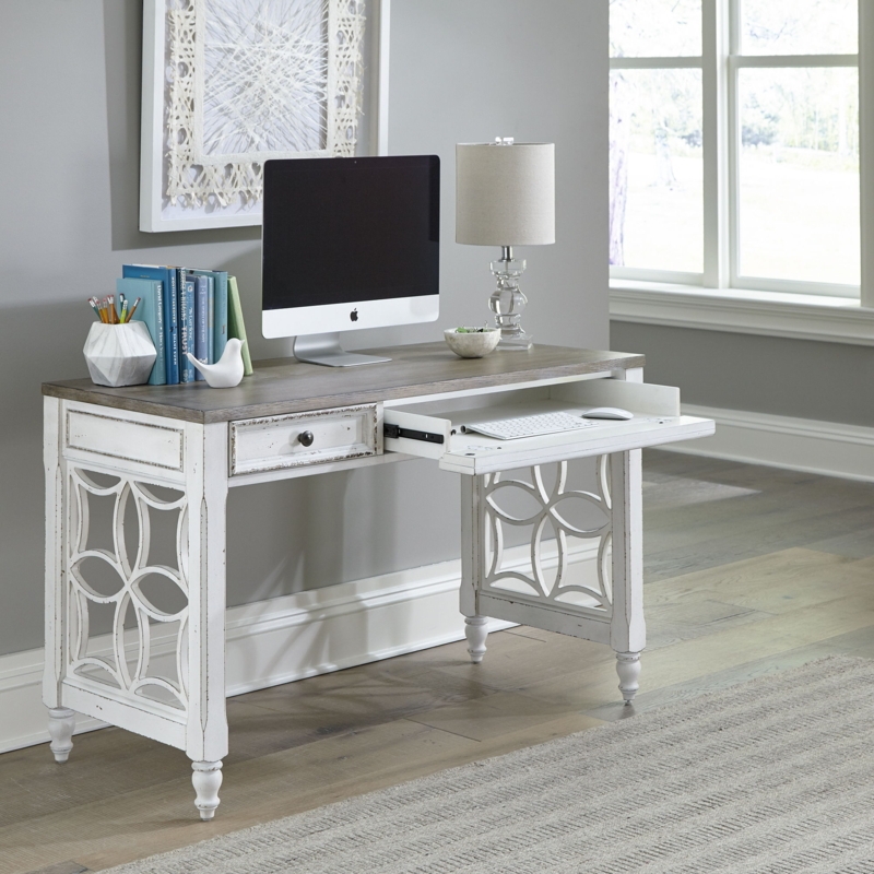L-Shaped Desk Distressed Antique White with Wood Top