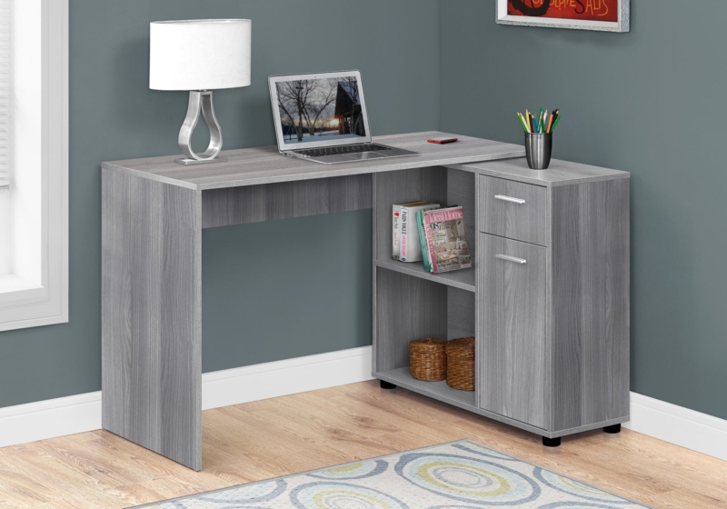 L-Shaped Desk Distressed Gray Finish Integrated Storage Cabinet Modern