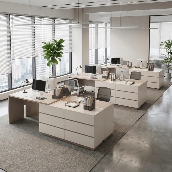 L-shaped Desk Expandable Dresser Six Drawers Two Tone Finish