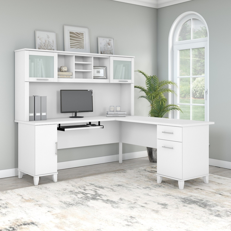 L-Shaped Desk Frosted Glass Doors Modern White Executive Desk Layout
