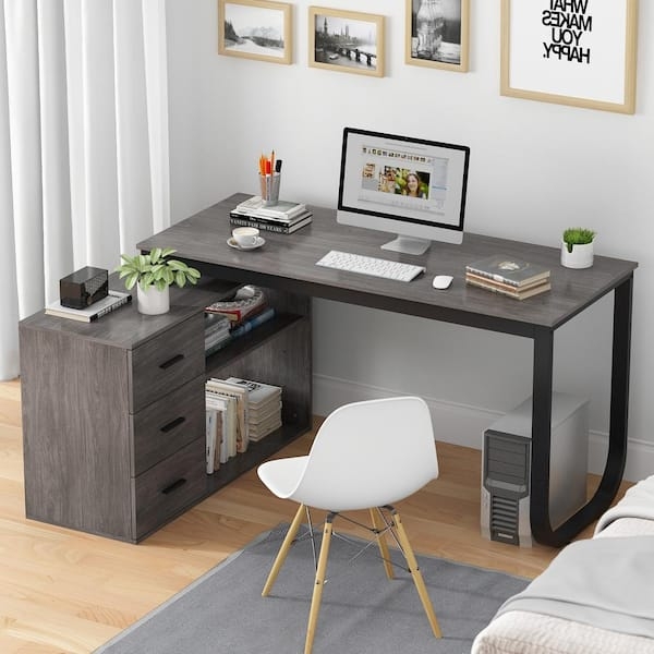 L-Shaped Desk Gray Wood Finish with Integrated Side Storage Workstation