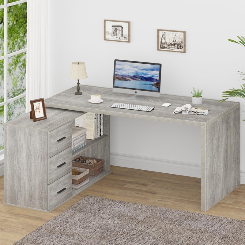L-Shaped Desk Grey Oak Finish, Black Metal Frame, Industrial Corner Setup.