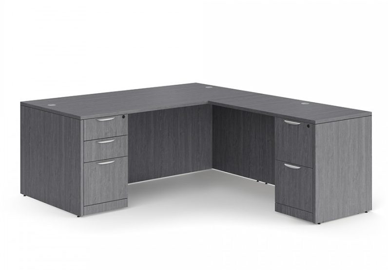 L-Shaped Desk Grey Wood Toned Finish with Integrated Pedestal Storage