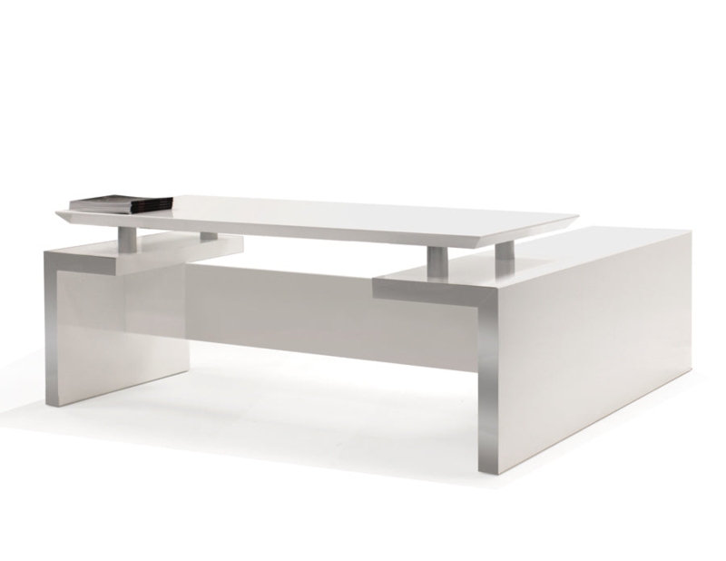 L-Shaped Desk in Glossy White Lacquer with Polished Metal Frame