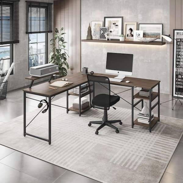 L-Shaped Desk Industrial Corner, Integrated Side Shelving, Walnut Finish
