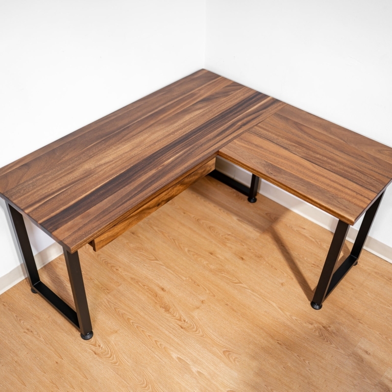 L-Shaped Desk Industrial Metal Base Thick Wood Top Corner Desk
