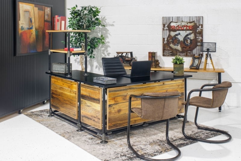 L-Shaped Desk Industrial Pipe Leg Corner Layout with Wood Toned Panels
