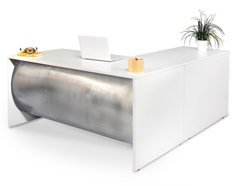 L-Shaped Desk Industrial Stainless Steel with Curved Barrel Front