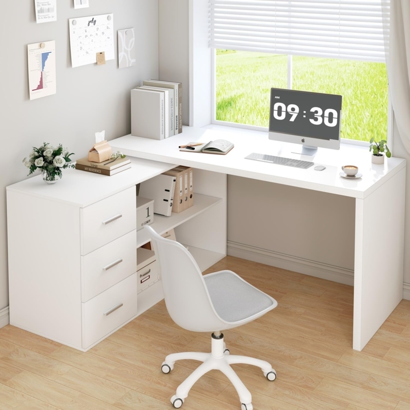 L-Shaped Desk Integrated Drawer Pedestal Open Shelving Scandinavian Office