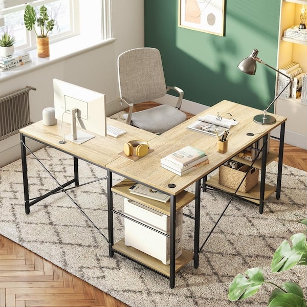 L-Shaped Desk Integrated Pc Shelf Light Oak Finish Modern Industrial