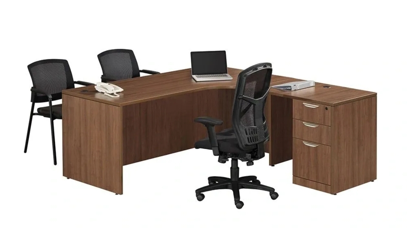 L-Shaped Desk Integrated Pedestal Curved Corner Semi Matte