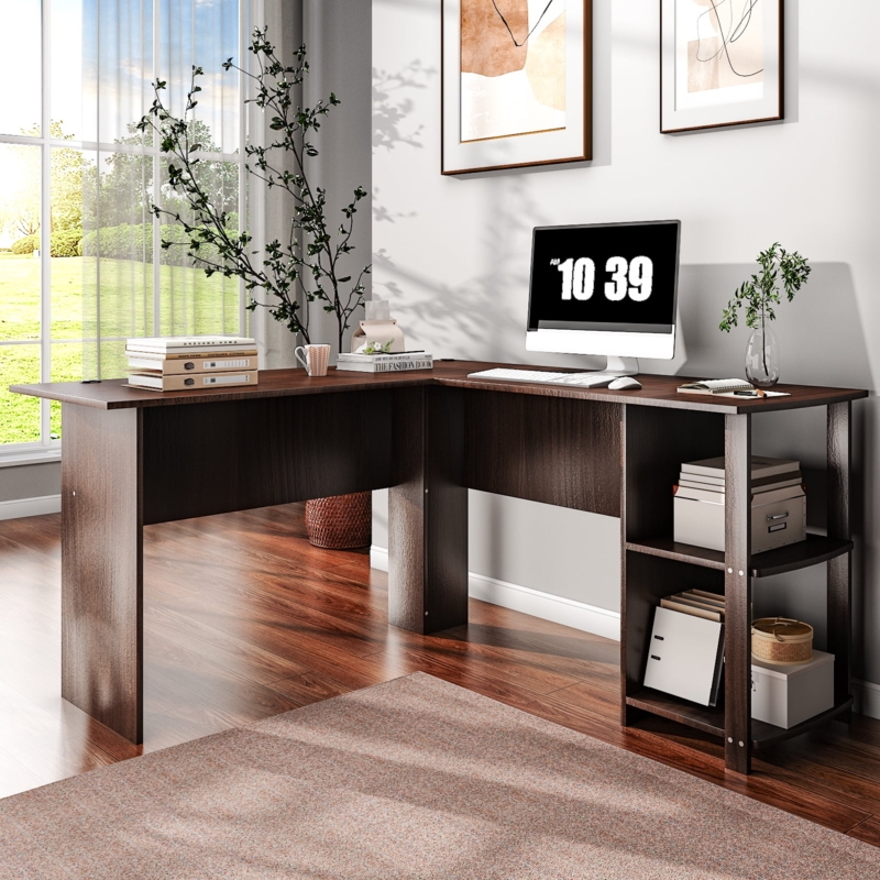 L-Shaped Desk Integrated Shelving Open Base Wood Toned