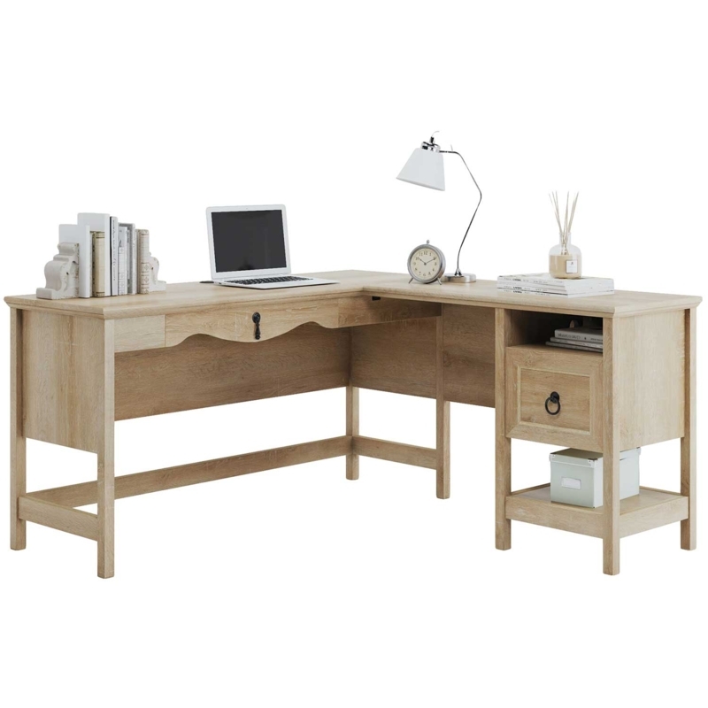 L-Shaped Desk Integrated Storage Hutch Tapered Spindle Legs Farmhouse