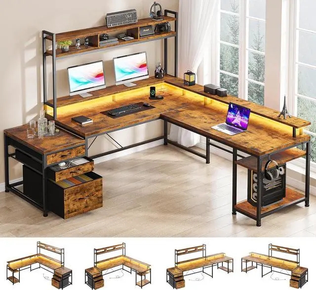 L-Shaped Desk Integrated Storage, Monitor Riser, CPU Shelf, Rustic Brown