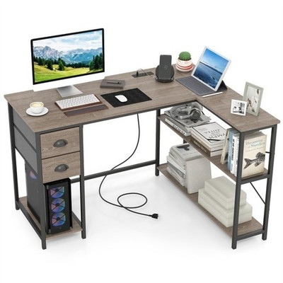 L-Shaped Desk Light Brown Wood X-Brace Legs Built-In Outlets