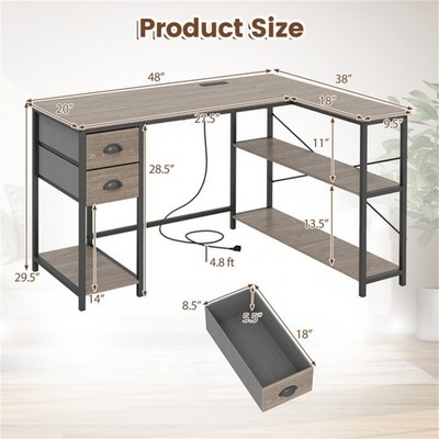 L-Shaped Desk Light Oak Wood Top Black Metal Frame Integrated Power