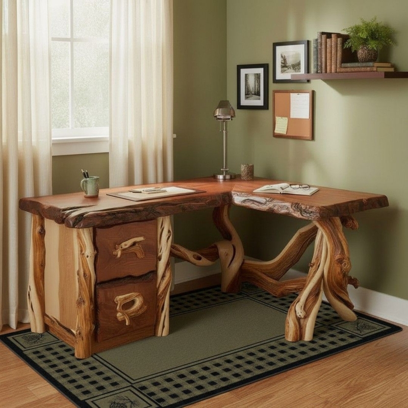 L-Shaped Desk Live Edge Redwood Juniper Log Base Cabin Style