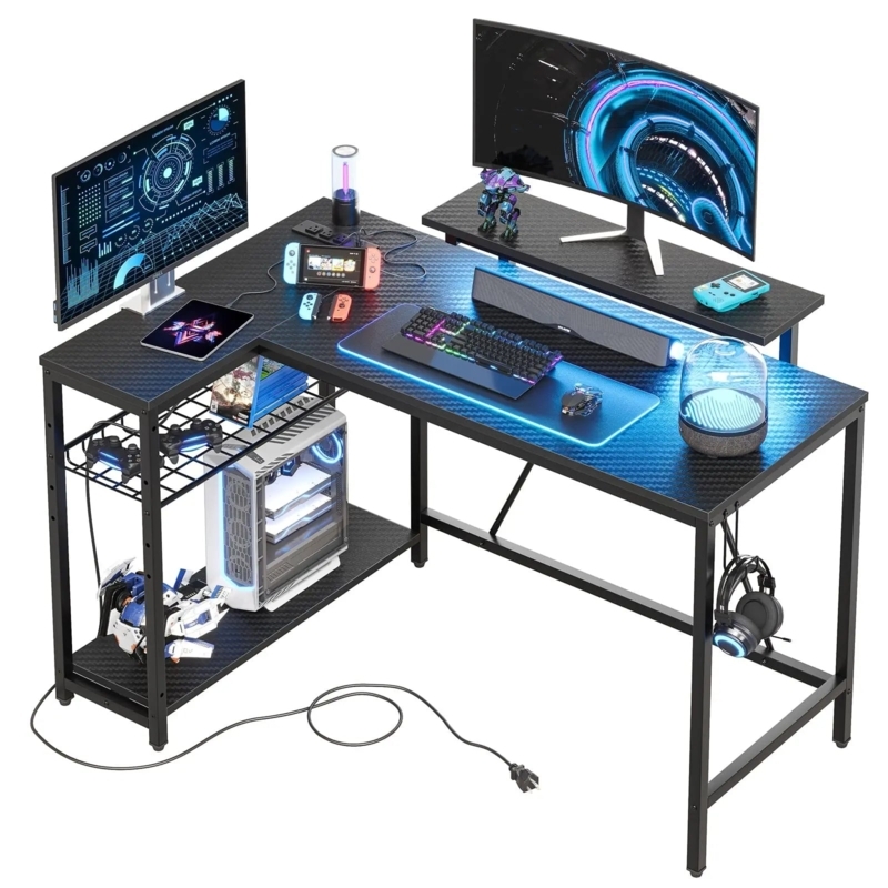 L-Shaped Desk, Monitor Riser, Integrated Power, Dark Wood-Toned Surface